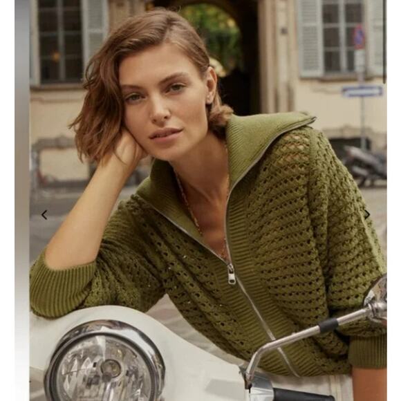Varley Eloise Full Zip Knit Jacket Fresh Green Olive Fern Medium Cotton $148 - Picture 1 of 9